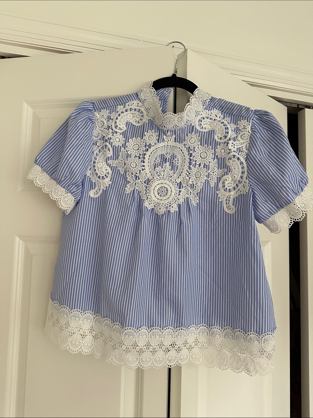 Forever 21 Blue & White Striped Lace Yoke Blouse